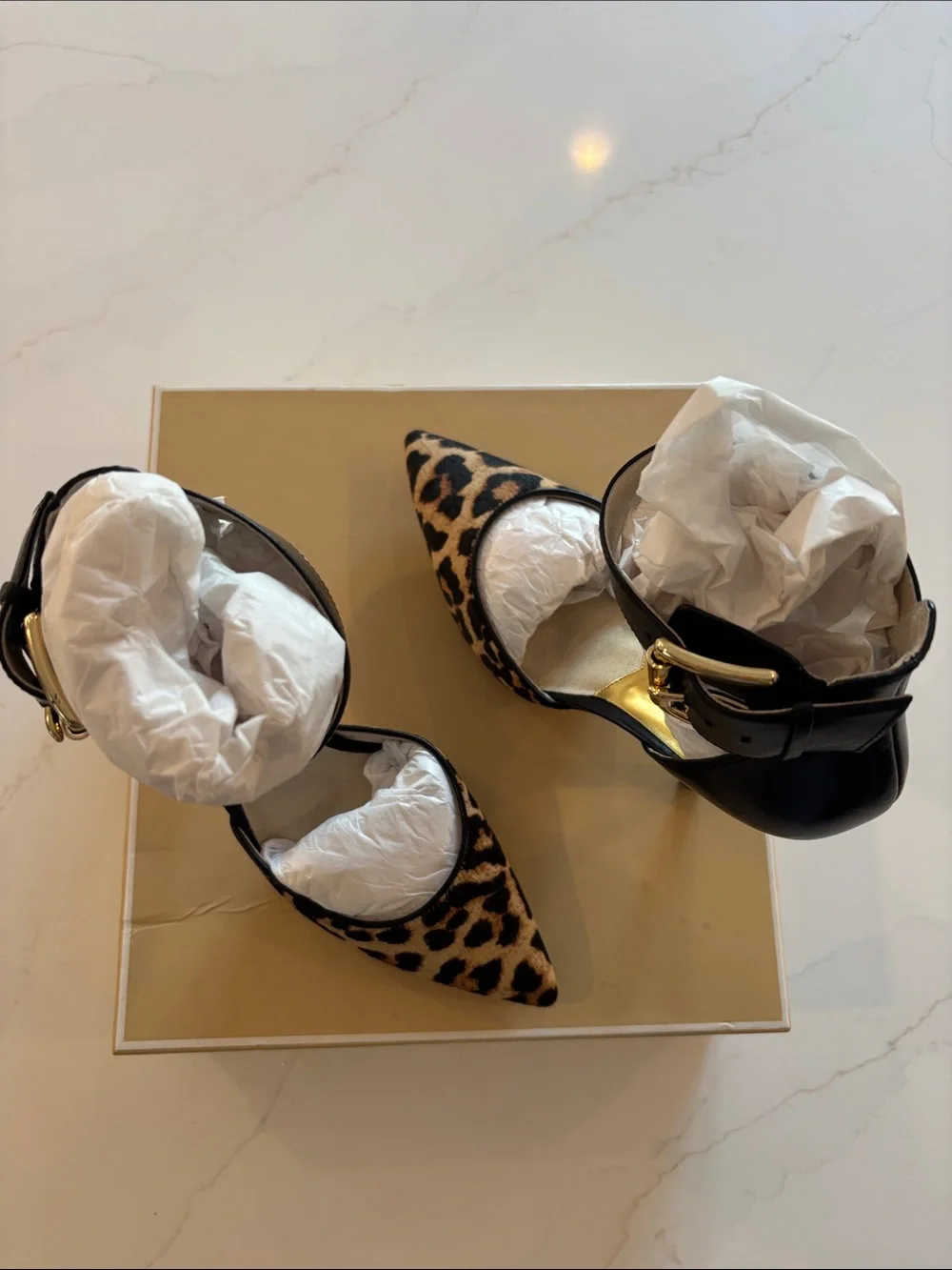 Michael Kors Leopard Print Pointed Toe Ankle-Strap Heels in Natural